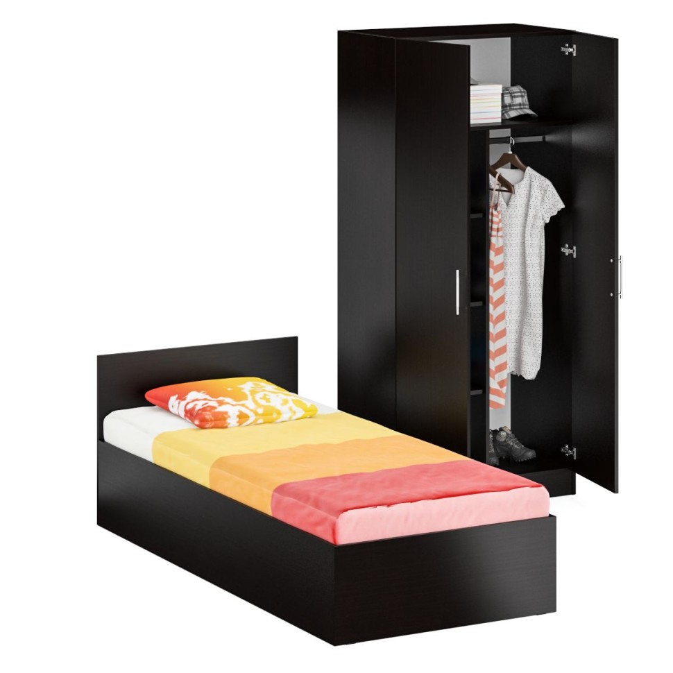 Кровать 0900 + Шкаф 2-х створчатый Стандарт, цвет венге, ШхГхВ 93,5х203,5х70 + 90х52х200 см., сп.м. 900х2000 мм., без матраса, основание есть