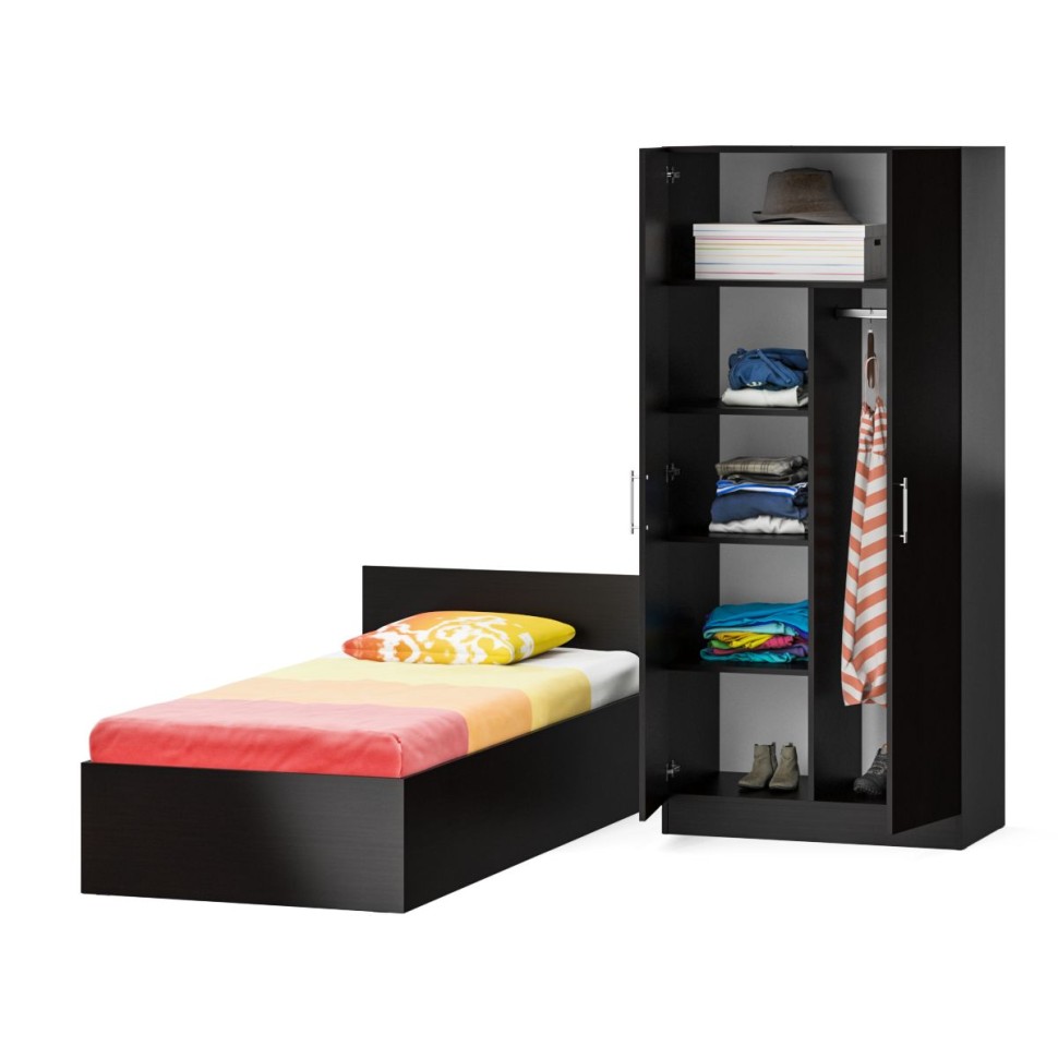 Кровать 0900 + Шкаф 2-х створчатый Стандарт, цвет венге, ШхГхВ 93,5х203,5х70 + 90х52х200 см., сп.м. 900х2000 мм., без матраса, основание есть