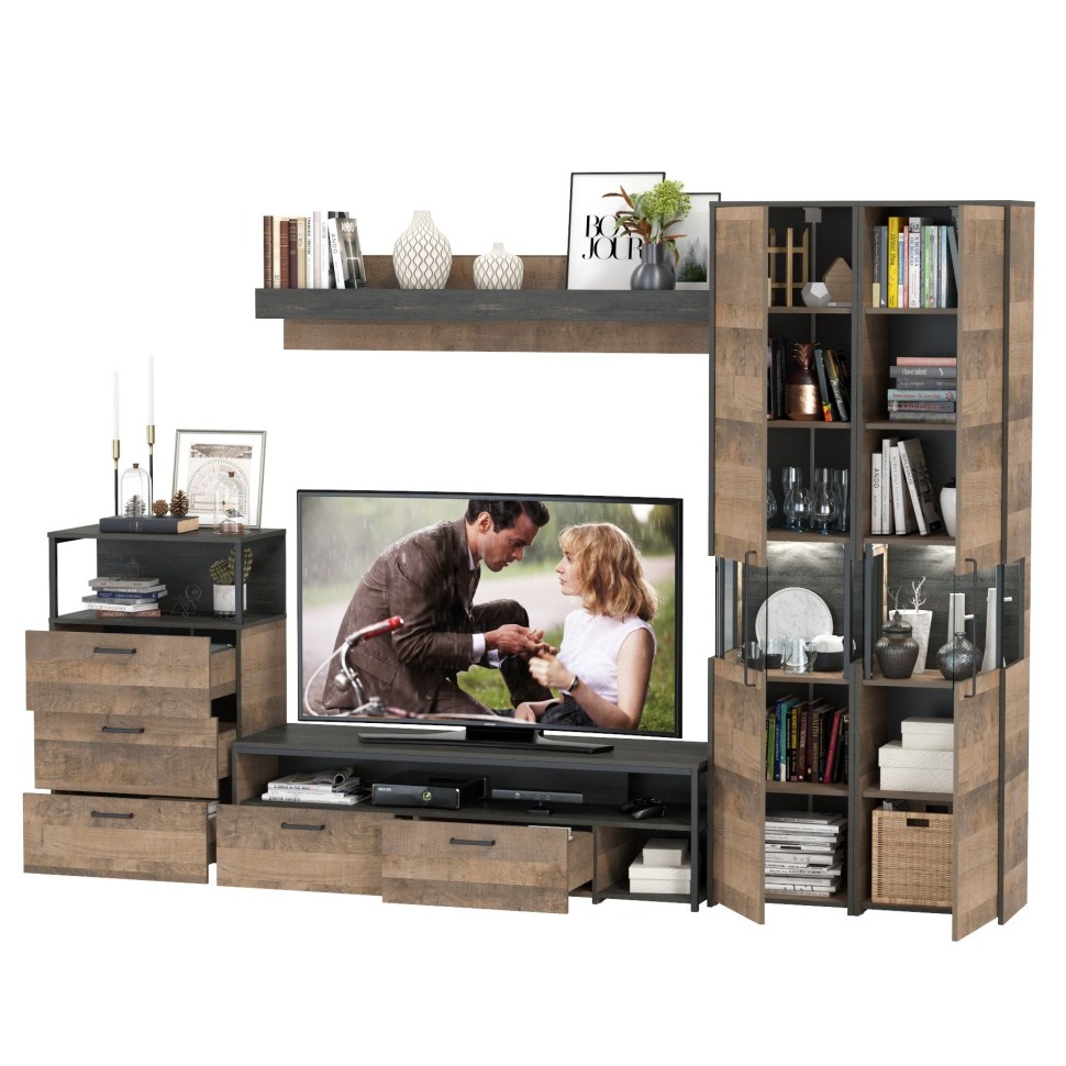 Трувор Гостиная 037, цвет дуб гранж песочный/интра, ШхГхВ 305,4х45,4х210 см., универсальная сборка