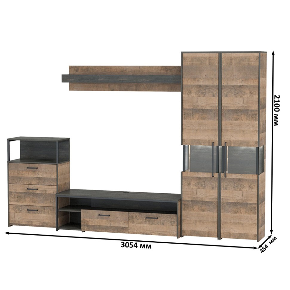 Трувор Гостиная 037, цвет дуб гранж песочный/интра, ШхГхВ 305,4х45,4х210 см., универсальная сборка