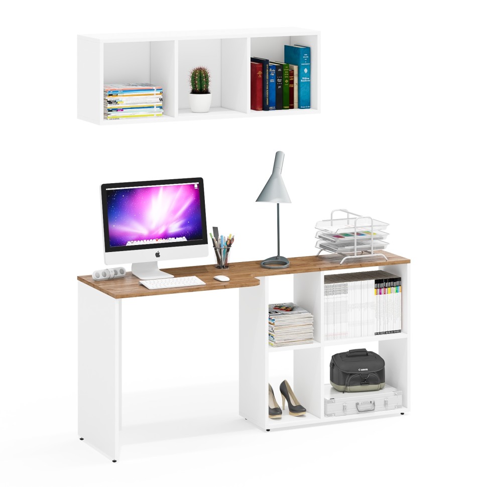 Лидер-8 Стол + Полка, цвет белый шагрень/крафт золото, ШхГхВ 165х50/30х190 см. или 115х50/80х190 см., НЕ универсальная сборка