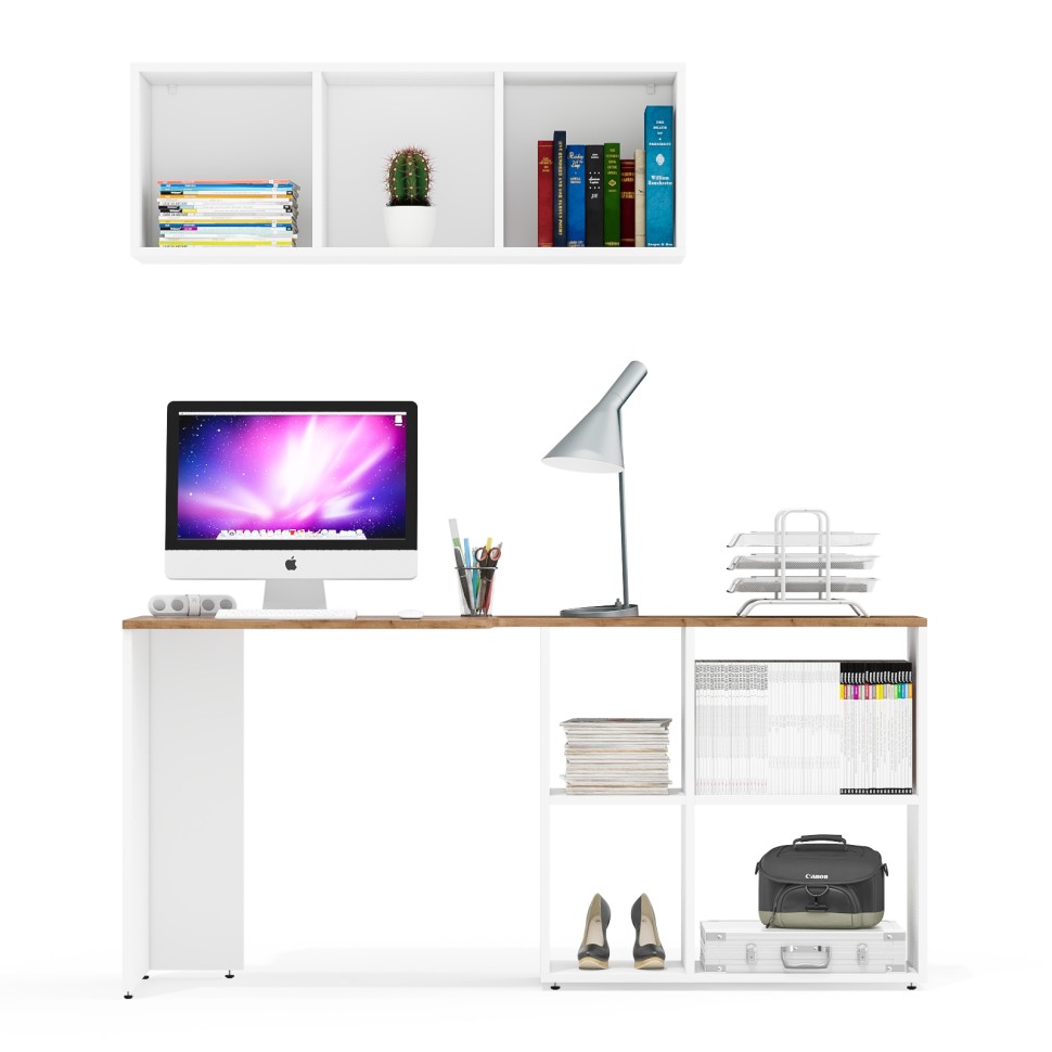 Лидер-8 Стол + Полка, цвет белый шагрень/крафт золото, ШхГхВ 165х50/30х190 см. или 115х50/80х190 см., НЕ универсальная сборка