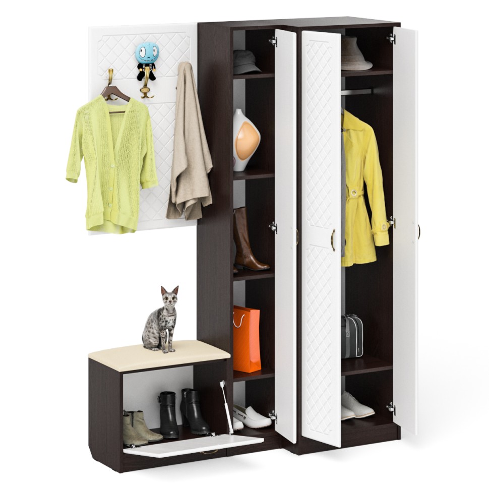 Прихожая П-6 Компоновка № 27, цвет венге/фасады МДФ белое дерево фрезеровка ромб, ШхГхВ 150х50х210 см., универсальная сборка