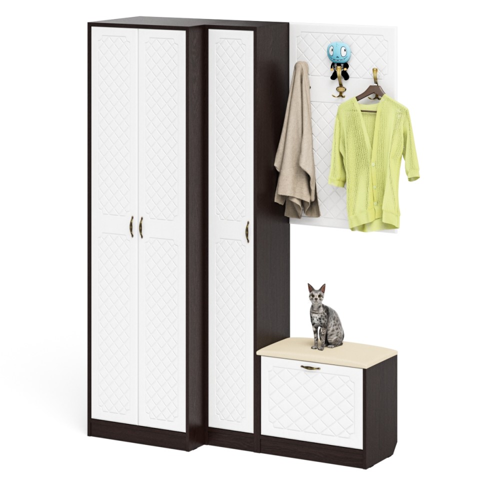 Прихожая П-6 Компоновка № 27, цвет венге/фасады МДФ белое дерево фрезеровка ромб, ШхГхВ 150х50х210 см., универсальная сборка