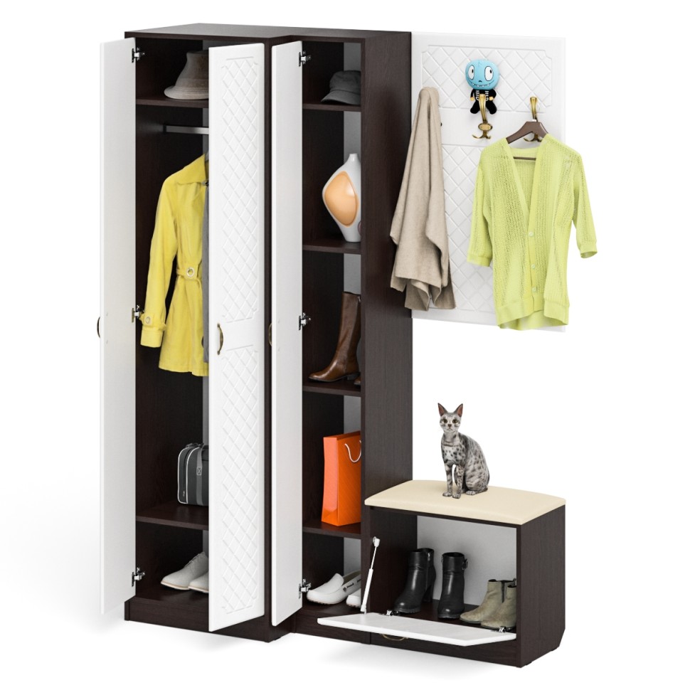 Прихожая П-6 Компоновка № 27, цвет венге/фасады МДФ белое дерево фрезеровка ромб, ШхГхВ 150х50х210 см., универсальная сборка