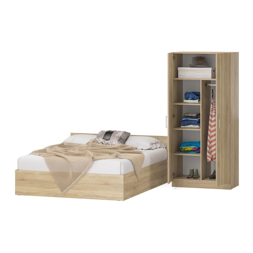 Кровать 1600 + Шкаф 2-х створчатый Стандарт, цвет дуб сонома, ШхГхВ 163,5х203,5х70 + 90х52х200 см., сп.м. 1600х2000 мм., без матраса, основание есть