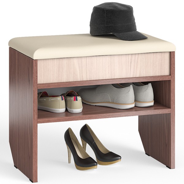 СНЯТО Тумба для обуви С-МД-ТО-09, цвет ясень шимо светлый/ясень шимо тёмный, ШхГхВ 60х37х45 см., обувница с нишей и мягким сиденьем