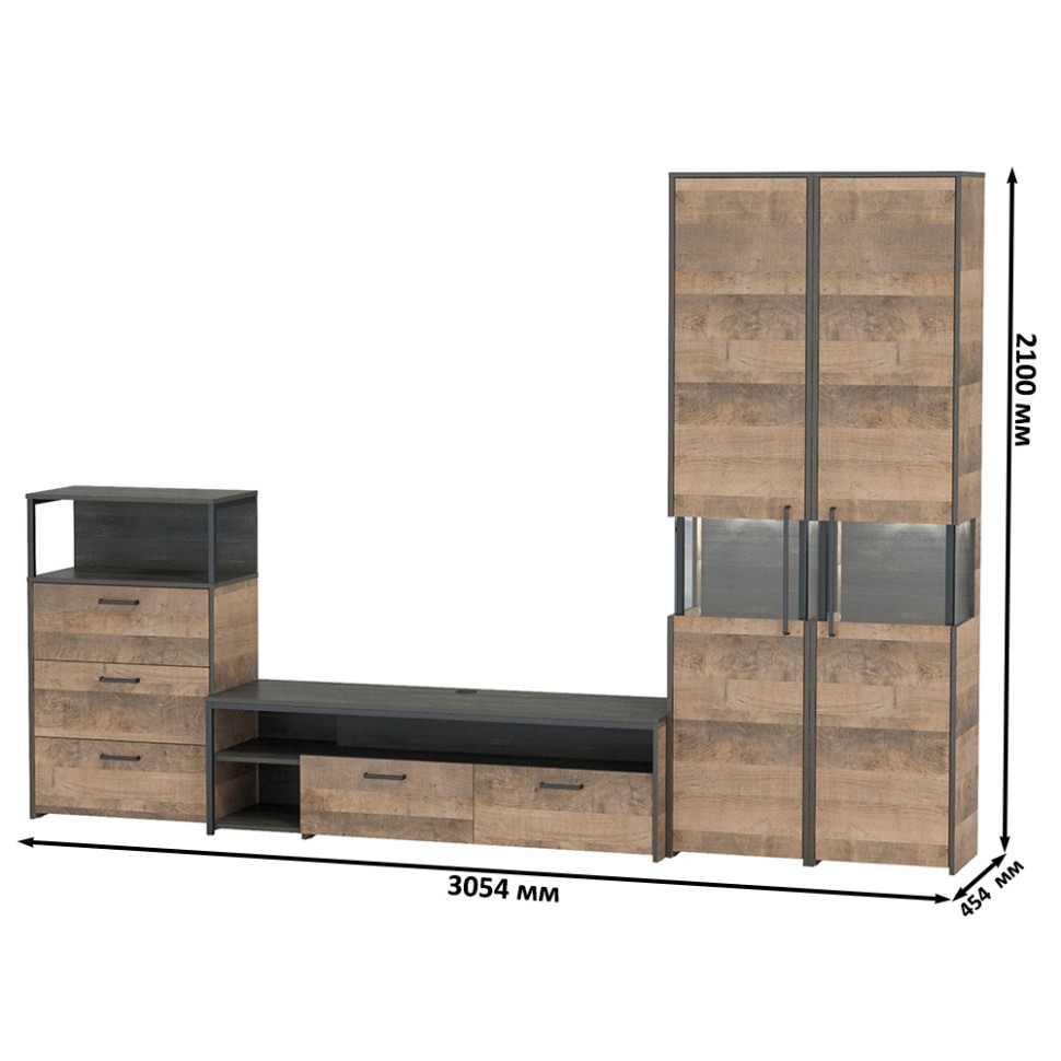 Трувор Гостиная 038, цвет дуб гранж песочный/интра, ШхГхВ 305,4х45,4х210 см., универсальная сборка