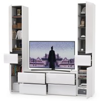 Сидней Комплектация № 017, цвет корпус: белый/чёрный/фасады: МДФ белый глянец, ШхГхВ 199,9х41,3х205,2 см., ниша для ТВ 129х41х100 см., универс. сборка