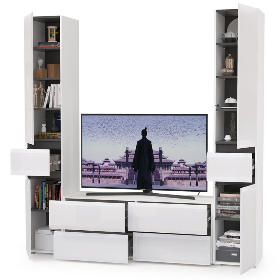 Сидней Комплектация № 017, цвет корпус: белый/чёрный/фасады: МДФ белый глянец, ШхГхВ 199,9х41,3х205,2 см., ниша для ТВ 129х41х100 см., универс. сборка