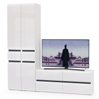 Сидней Комплектация № 017, цвет корпус: белый/чёрный/фасады: МДФ белый глянец, ШхГхВ 199,9х41,3х205,2 см., ниша для ТВ 129х41х100 см., универс. сборка