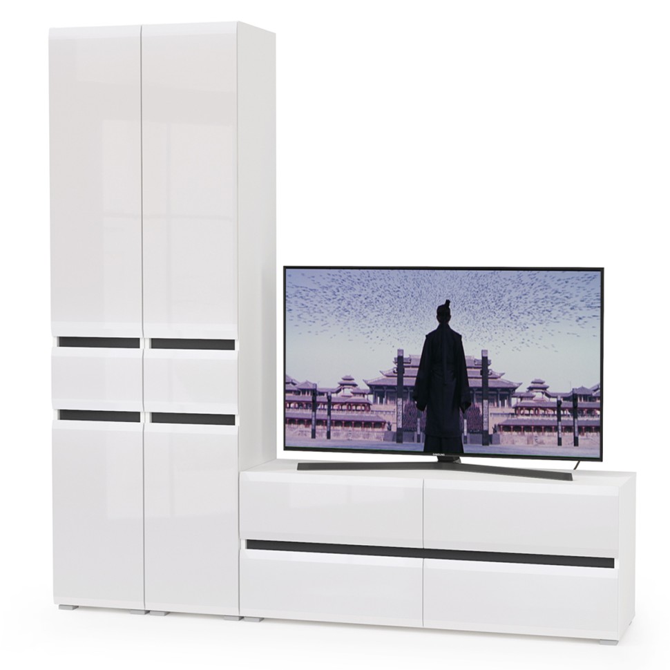 Сидней Комплектация № 017, цвет корпус: белый/чёрный/фасады: МДФ белый глянец, ШхГхВ 199,9х41,3х205,2 см., ниша для ТВ 129х41х100 см., универс. сборка