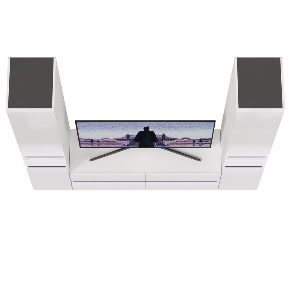 Сидней Комплектация № 017, цвет корпус: белый/чёрный/фасады: МДФ белый глянец, ШхГхВ 199,9х41,3х205,2 см., ниша для ТВ 129х41х100 см., универс. сборка