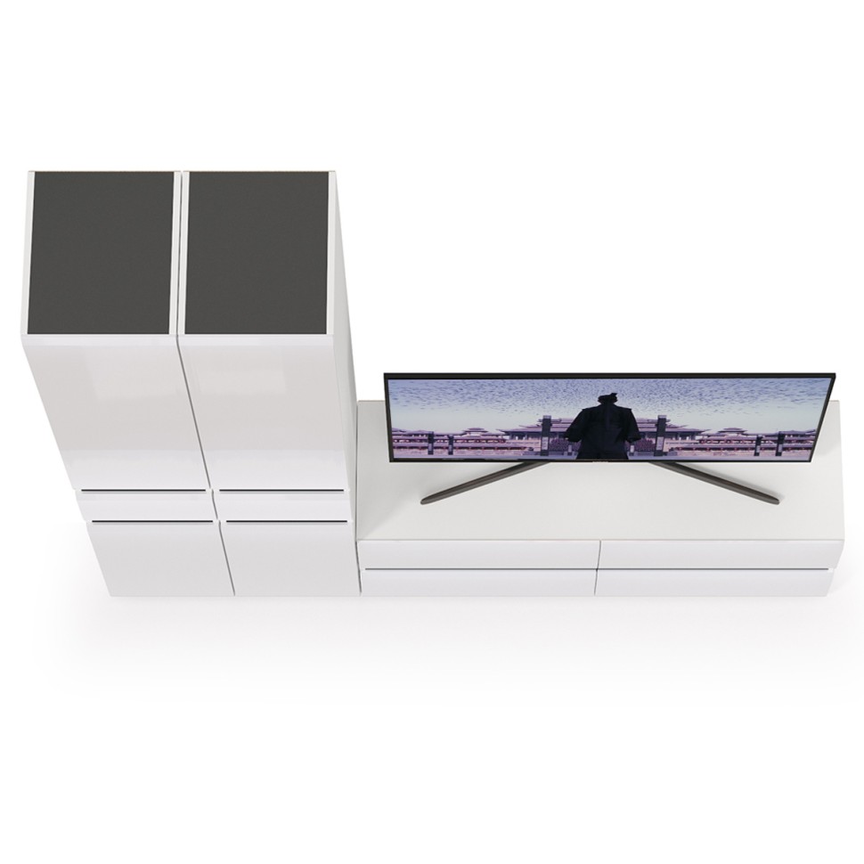 Сидней Комплектация № 017, цвет корпус: белый/чёрный/фасады: МДФ белый глянец, ШхГхВ 199,9х41,3х205,2 см., ниша для ТВ 129х41х100 см., универс. сборка