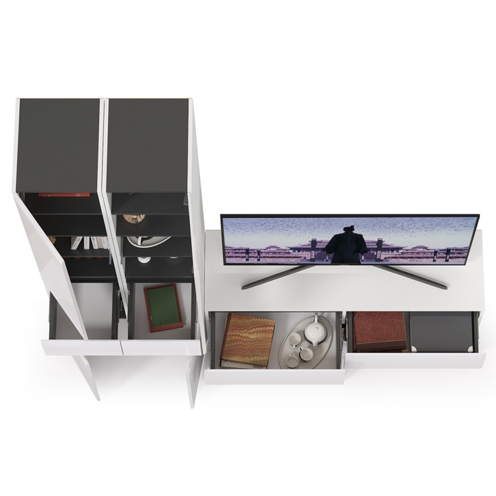 Сидней Комплектация № 017, цвет корпус: белый/чёрный/фасады: МДФ белый глянец, ШхГхВ 199,9х41,3х205,2 см., ниша для ТВ 129х41х100 см., универс. сборка