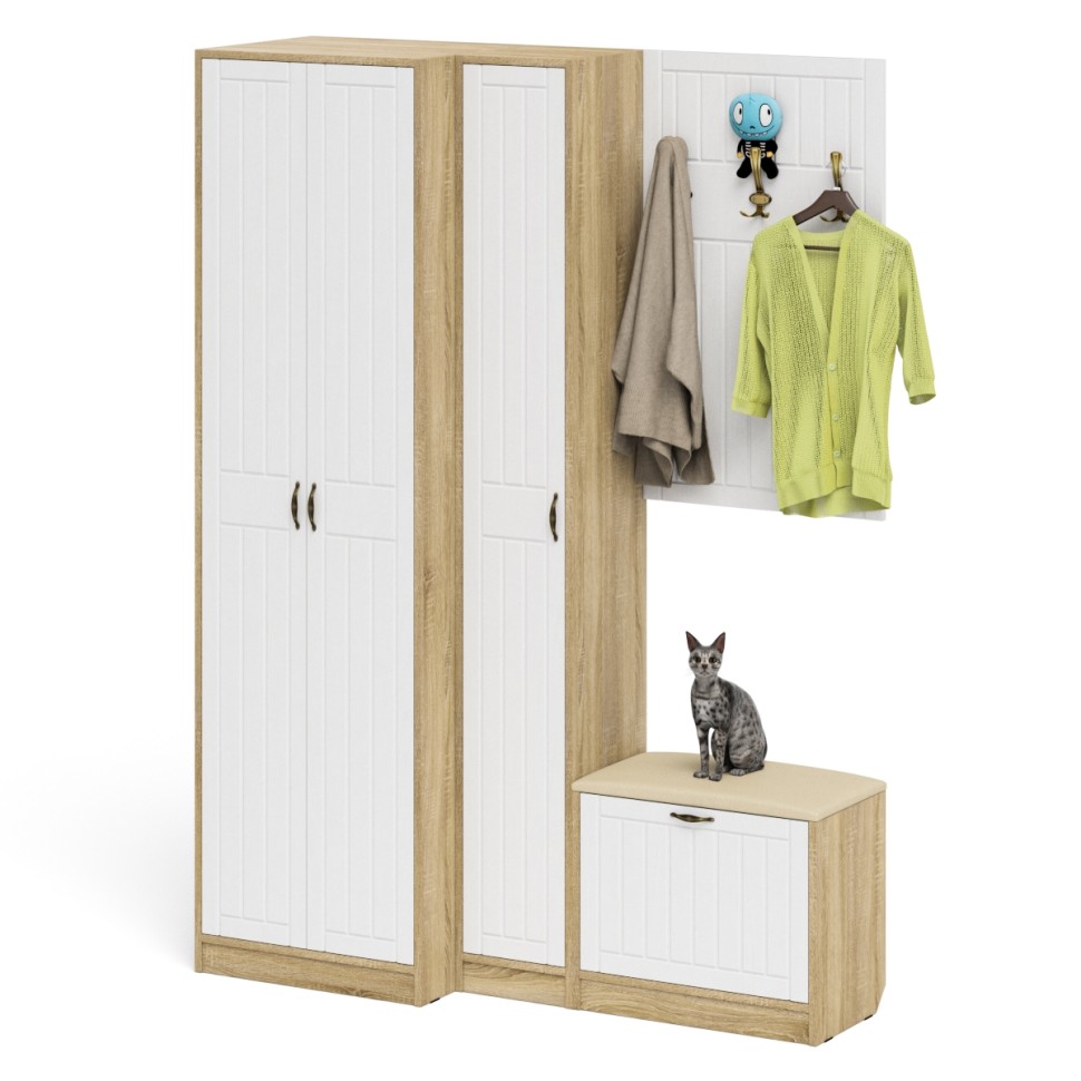 Прихожая П-6 Компоновка № 27, цвет дуб сонома/фасады МДФ белое дерево фрезеровка прованс, ШхГхВ 150х50х210 см., универсальная сборка