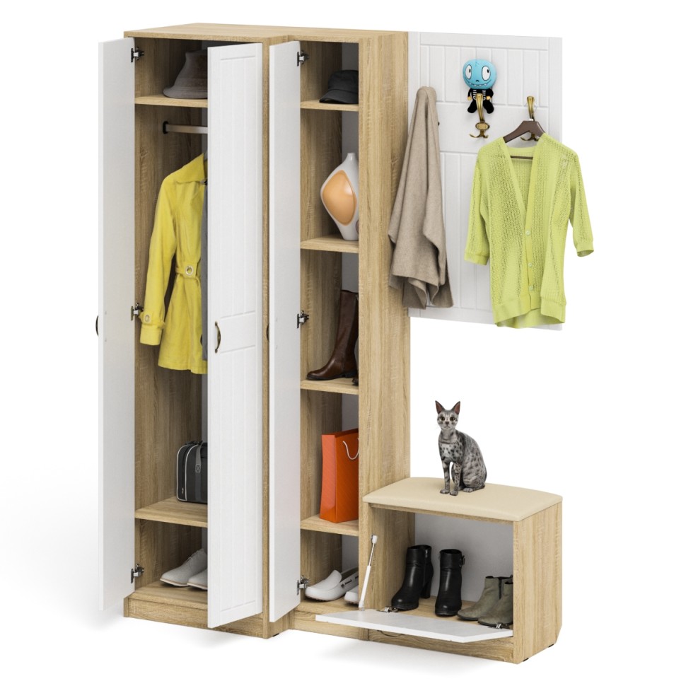 Прихожая П-6 Компоновка № 27, цвет дуб сонома/фасады МДФ белое дерево фрезеровка прованс, ШхГхВ 150х50х210 см., универсальная сборка