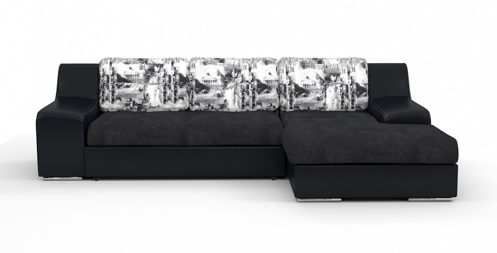 Угловой диван Мидгард Люкс экокожа черный + велюр черный + город