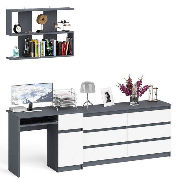 Мори Стол компьютерный МС-1 правый + Комод МК1380.6 + Полка 900, цвет графит/белый, ШхГхВ 228х50х209,6 см., НЕ универсальная сборка