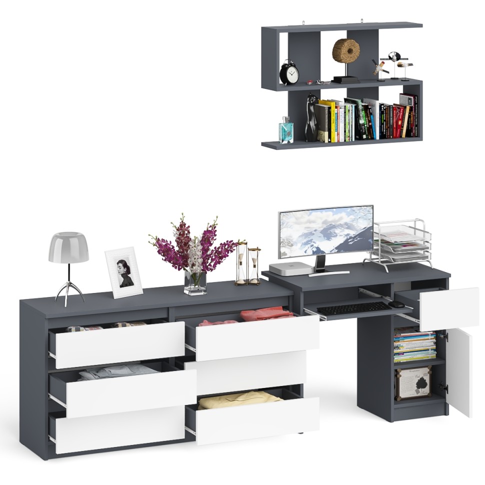 Мори Стол компьютерный МС-1 правый + Комод МК1380.6 + Полка 900, цвет графит/белый, ШхГхВ 228х50х209,6 см., НЕ универсальная сборка