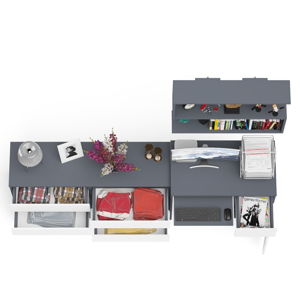 Мори Стол компьютерный МС-1 правый + Комод МК1380.6 + Полка 900, цвет графит/белый, ШхГхВ 228х50х209,6 см., НЕ универсальная сборка