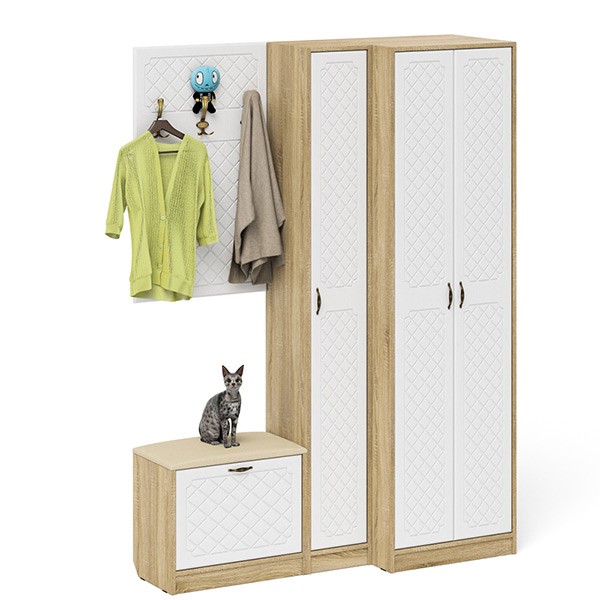 Прихожая П-6 Компоновка № 27, цвет дуб сонома/фасады МДФ белое дерево фрезеровка ромб, ШхГхВ 150х50х210 см., универсальная сборка