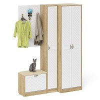 Прихожая П-6 Компоновка № 27, цвет дуб сонома/фасады МДФ белое дерево фрезеровка ромб, ШхГхВ 150х50х210 см., универсальная сборка