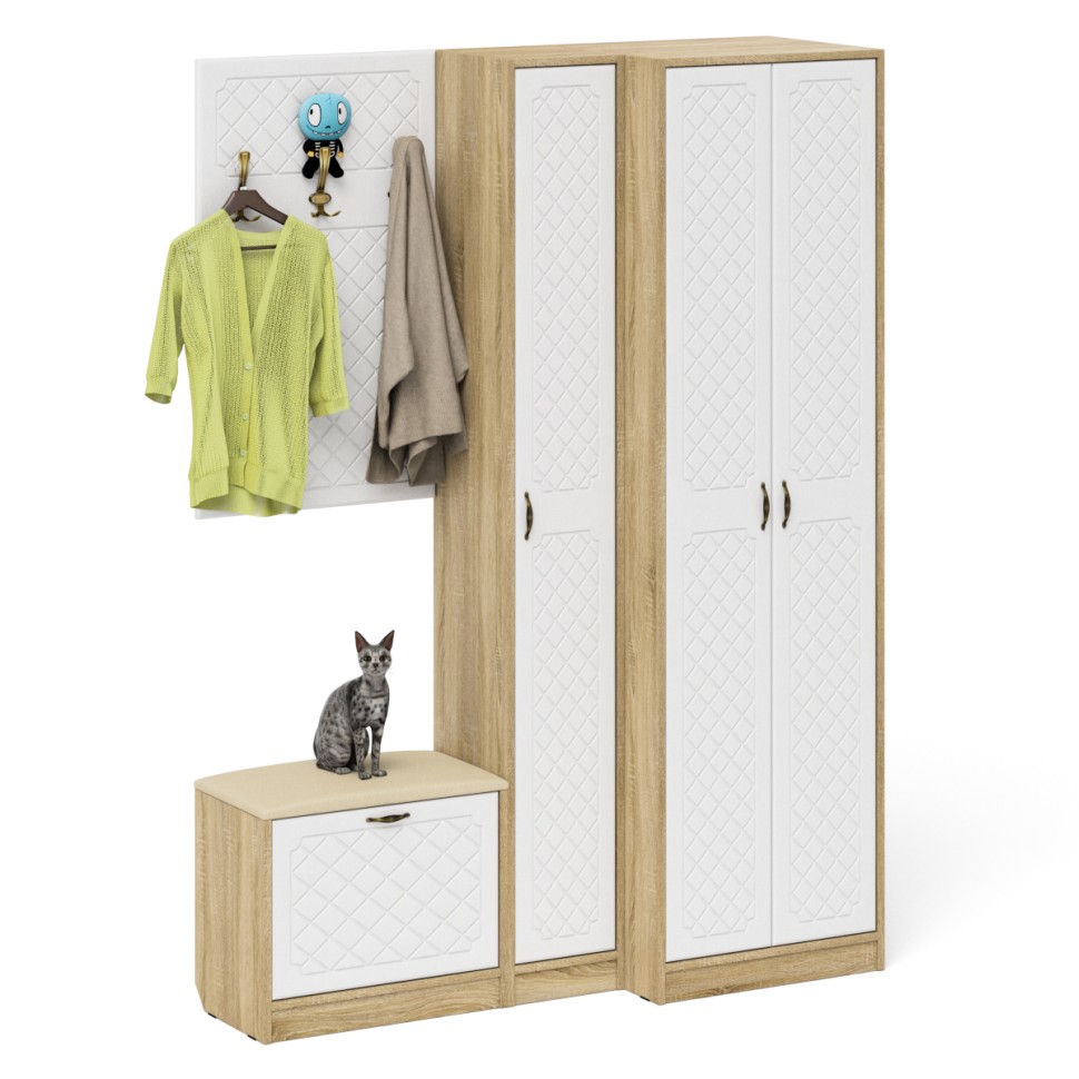 Прихожая П-6 Компоновка № 27, цвет дуб сонома/фасады МДФ белое дерево фрезеровка ромб, ШхГхВ 150х50х210 см., универсальная сборка