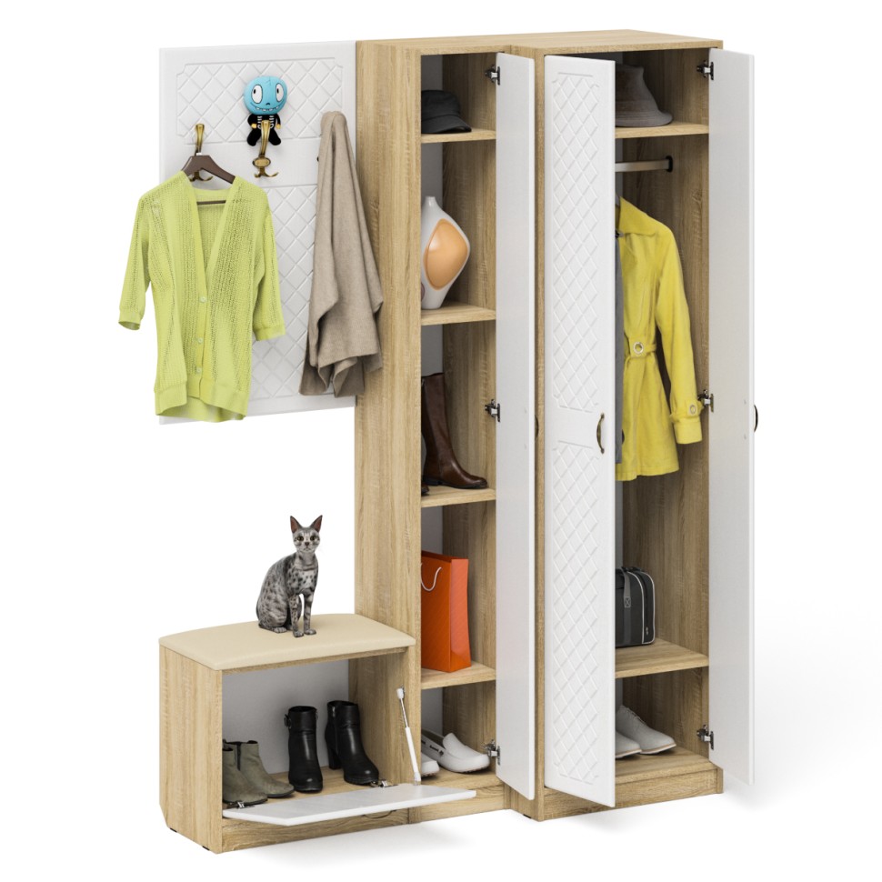 Прихожая П-6 Компоновка № 27, цвет дуб сонома/фасады МДФ белое дерево фрезеровка ромб, ШхГхВ 150х50х210 см., универсальная сборка