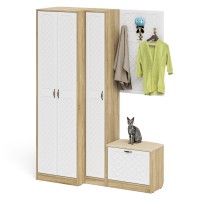 Прихожая П-6 Компоновка № 27, цвет дуб сонома/фасады МДФ белое дерево фрезеровка ромб, ШхГхВ 150х50х210 см., универсальная сборка