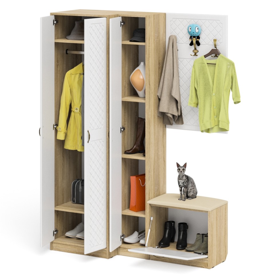 Прихожая П-6 Компоновка № 27, цвет дуб сонома/фасады МДФ белое дерево фрезеровка ромб, ШхГхВ 150х50х210 см., универсальная сборка