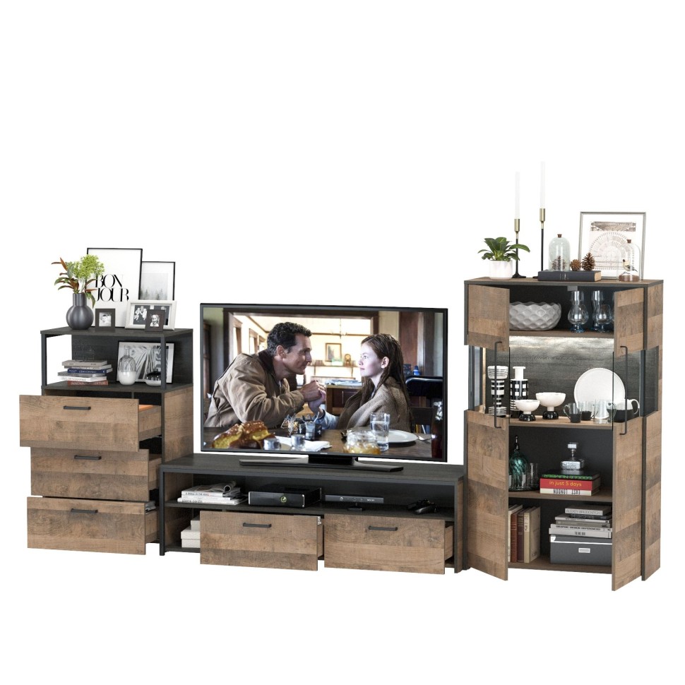 Трувор Гостиная 066, цвет дуб гранж песочный/интра, ШхГхВ 301,6х45,4х135,3 см., универсальная сборка