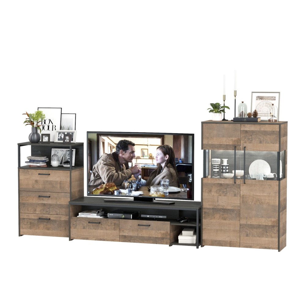 Трувор Гостиная 066, цвет дуб гранж песочный/интра, ШхГхВ 301,6х45,4х135,3 см., универсальная сборка