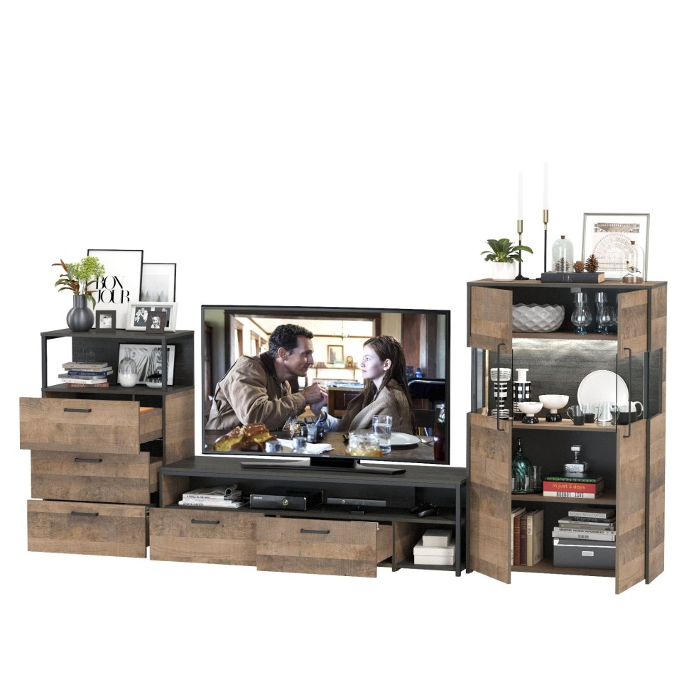 Трувор Гостиная 066, цвет дуб гранж песочный/интра, ШхГхВ 301,6х45,4х135,3 см., универсальная сборка