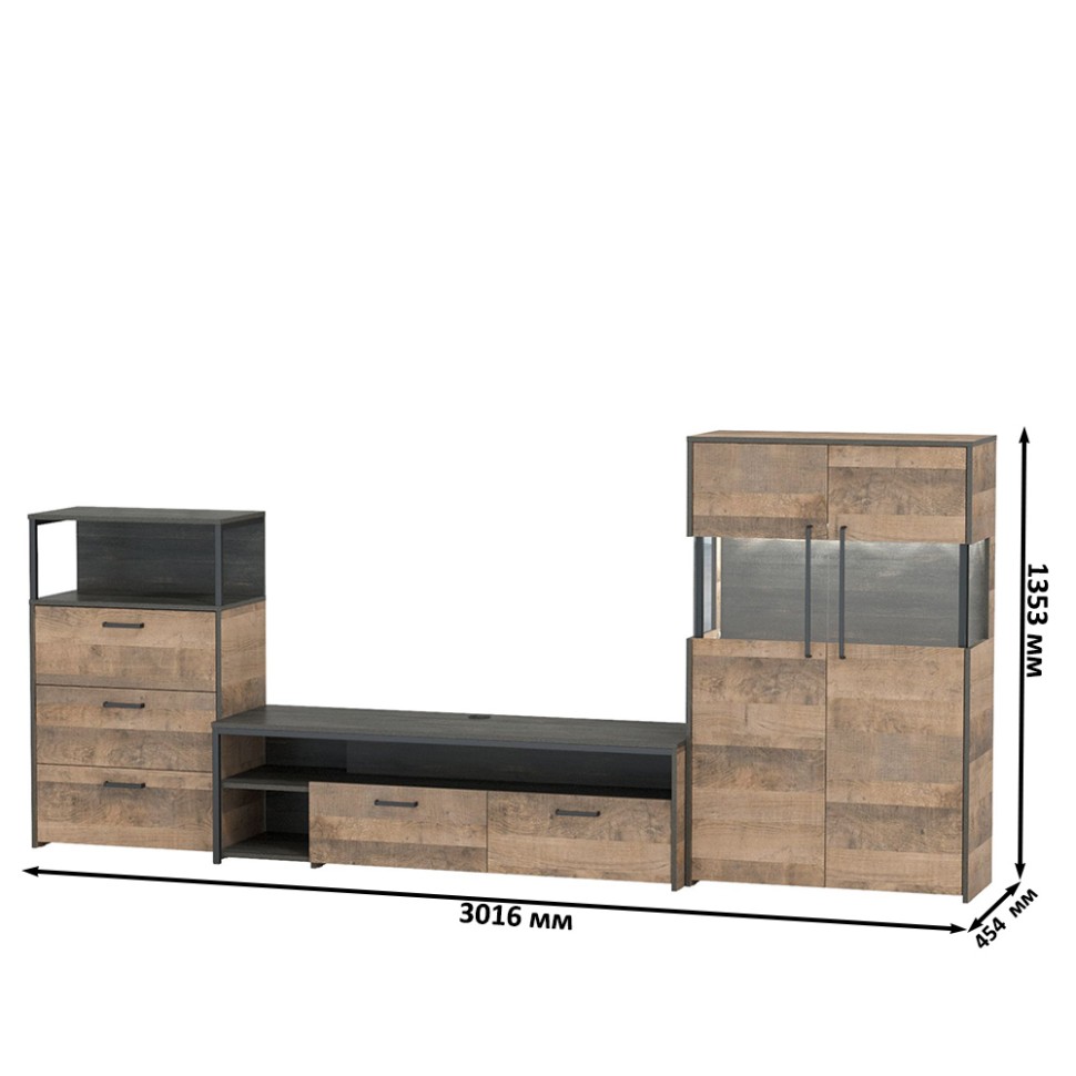 Трувор Гостиная 066, цвет дуб гранж песочный/интра, ШхГхВ 301,6х45,4х135,3 см., универсальная сборка