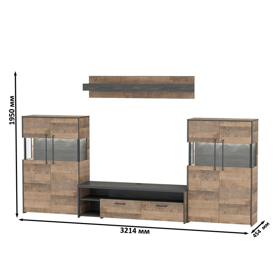 Трувор Гостиная 067, цвет дуб гранж песочный/интра, ШхГхВ 321,4х45,4х195 см., универсальная сборка