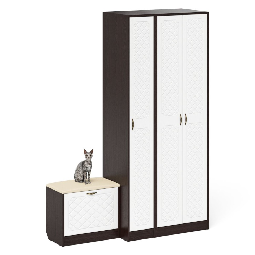 Прихожая П-6 Компоновка № 45, цвет венге/фасады МДФ белое дерево фрезеровка ромб, ШхГхВ 150х50х210 см., универсальная сборка