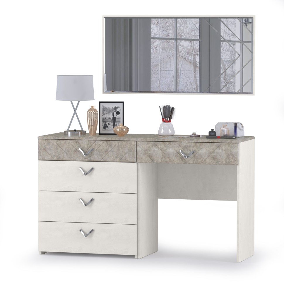 Амели Комод 13.106 + Стол туалетный 12.48 + Зеркало, цвет шёлковый камень/бетон чикаго беж, ШхГхВ 130х41,3х145 см., универсальная сборка