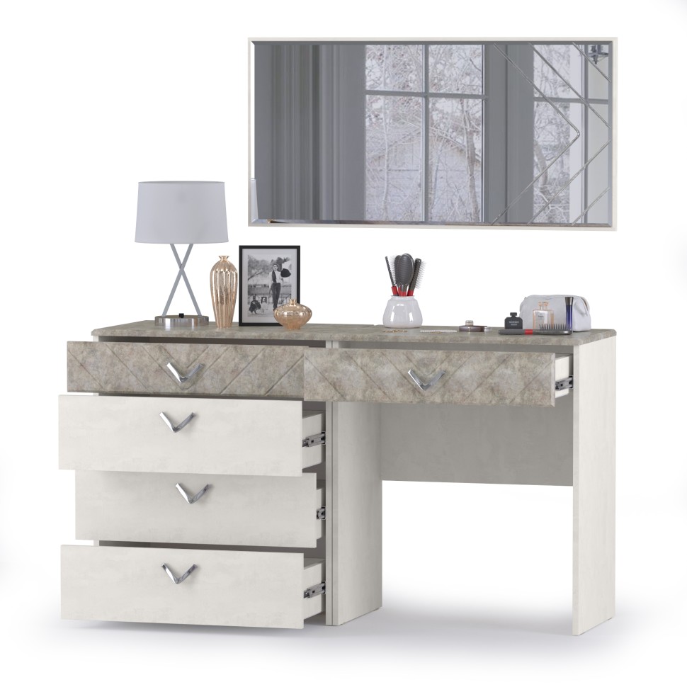 Амели Комод 13.106 + Стол туалетный 12.48 + Зеркало, цвет шёлковый камень/бетон чикаго беж, ШхГхВ 130х41,3х145 см., универсальная сборка
