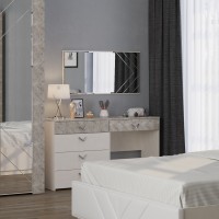 Амели Комод 13.106 + Стол туалетный 12.48 + Зеркало, цвет шёлковый камень/бетон чикаго беж, ШхГхВ 130х41,3х145 см., универсальная сборка