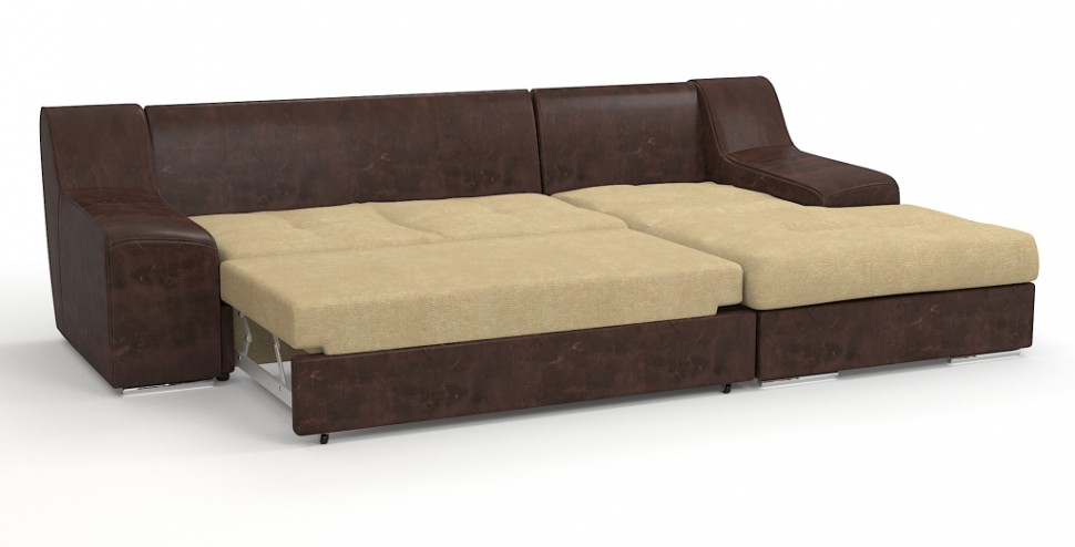 Угловой диван Мидгард Люкс экокожа коричневый + велюр бежевый + город