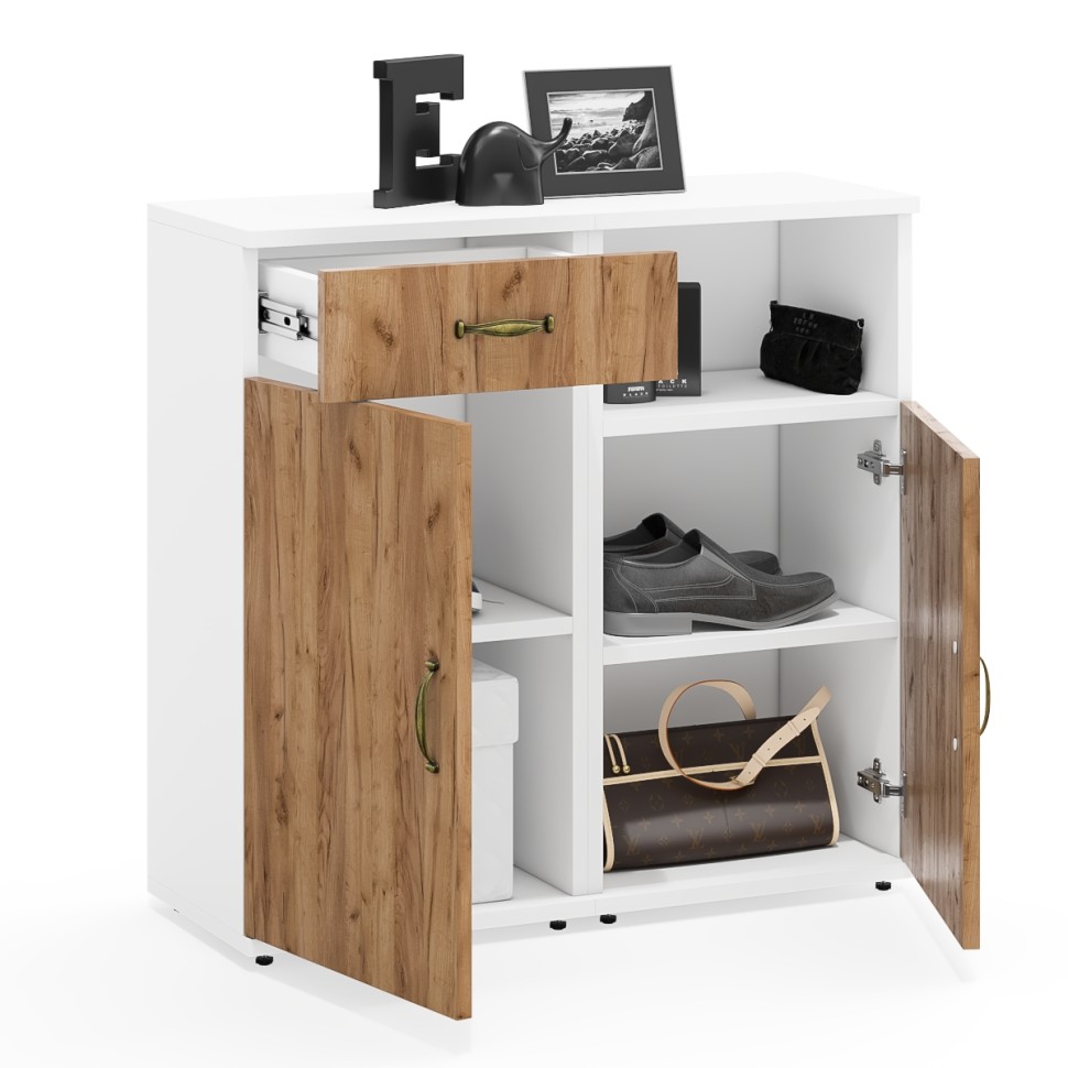 Лидер-8 Тумба МД 3.15 + Тумба МД 3.19, цвет белый шагрень/крафт золото, ШхГхВ 80х30х75 см., универсальная сборка