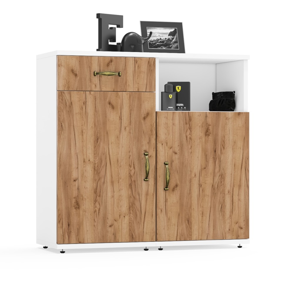 Лидер-8 Тумба МД 3.15 + Тумба МД 3.19, цвет белый шагрень/крафт золото, ШхГхВ 80х30х75 см., универсальная сборка