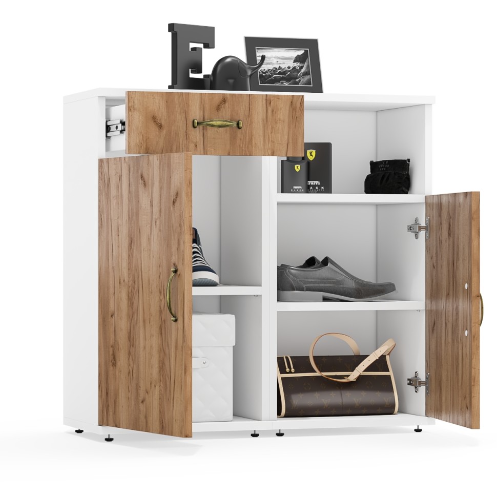 Лидер-8 Тумба МД 3.15 + Тумба МД 3.19, цвет белый шагрень/крафт золото, ШхГхВ 80х30х75 см., универсальная сборка