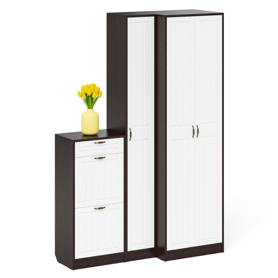 Прихожая П-6 Компоновка № 28, цвет венге/фасады МДФ белое дерево фрезеровка прованс, ШхГхВ 140х50х210 см., универсальная сборка