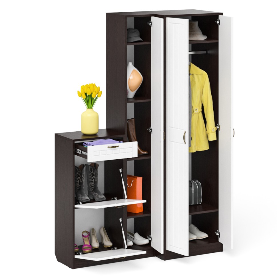 Прихожая П-6 Компоновка № 28, цвет венге/фасады МДФ белое дерево фрезеровка прованс, ШхГхВ 140х50х210 см., универсальная сборка