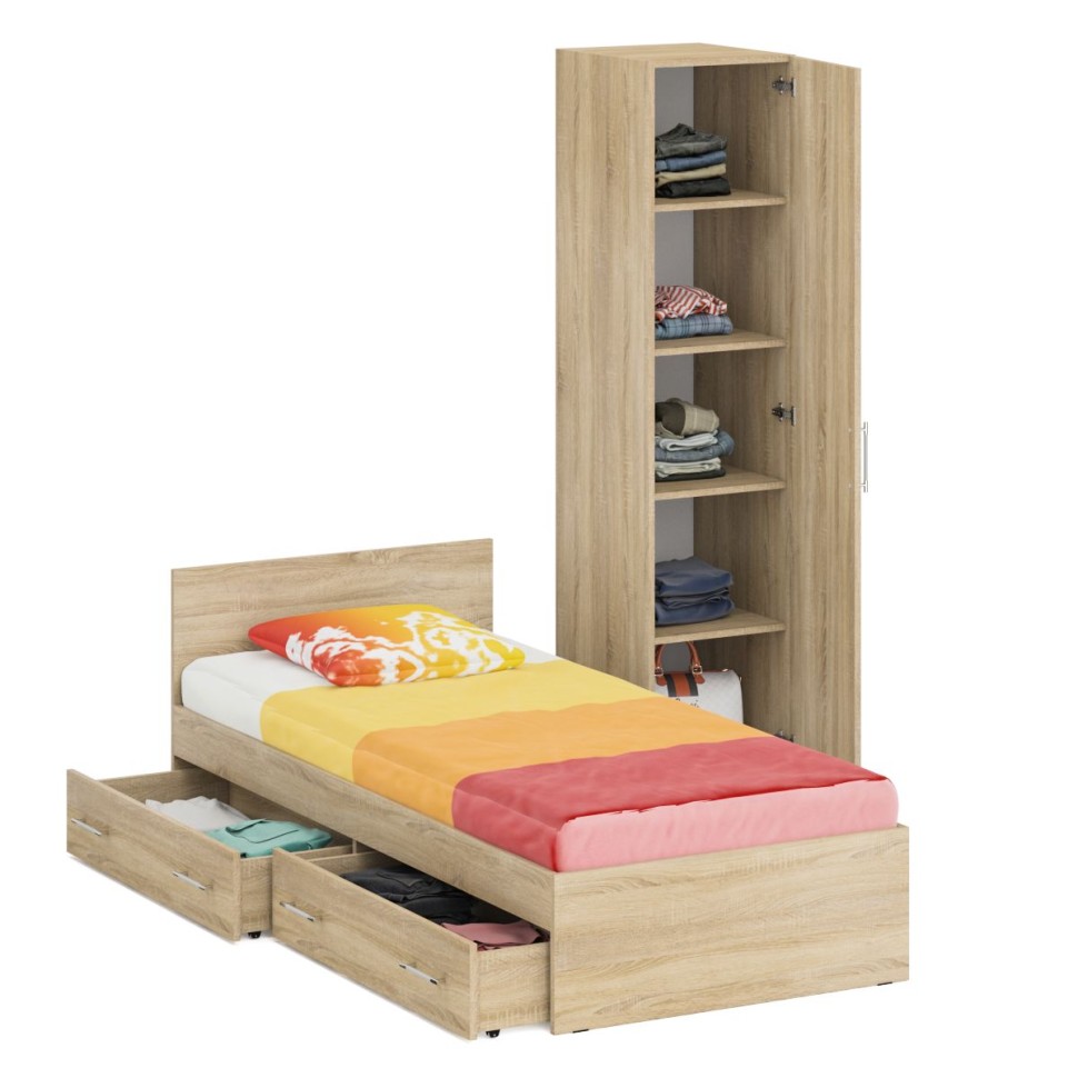Кровать с ящиками 0900 + Пенал Стандарт, цвет дуб сонома, ШхГхВ 93,5х203,5х70 + 45х52х200 см., сп.м. 900х2000 мм., без матраса, основание есть