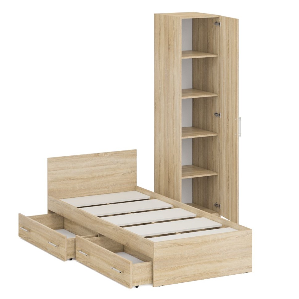Кровать с ящиками 0900 + Пенал Стандарт, цвет дуб сонома, ШхГхВ 93,5х203,5х70 + 45х52х200 см., сп.м. 900х2000 мм., без матраса, основание есть