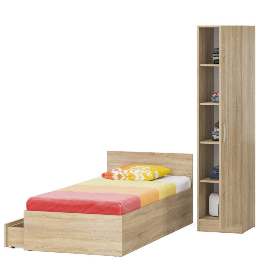 Кровать с ящиками 0900 + Пенал Стандарт, цвет дуб сонома, ШхГхВ 93,5х203,5х70 + 45х52х200 см., сп.м. 900х2000 мм., без матраса, основание есть
