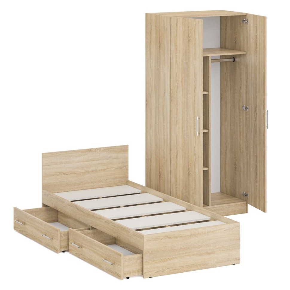 Кровать с ящиками 0900 + Шкаф 2-х створчатый Стандарт, цвет дуб сонома, ШхГхВ 93,5х203,5х70 + 90х52х200 см., сп.м. 900х2000 мм., б/м, основание есть